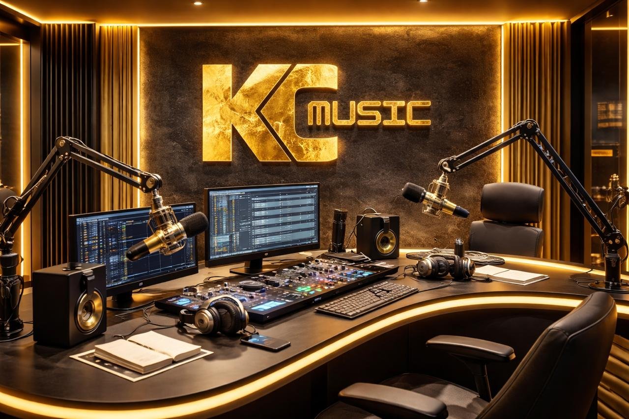 Estudio de radio KC Music con micrófonos, monitores y consola